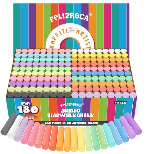 FELIZROCA 180PCS Sidewalk Chalks Set in 20 Colors, Non-Toxic, Washable Jumbo Outdoor Chalk for Kids, Pavement Chalk