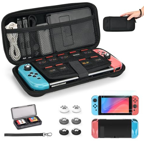 Younik Switch Étui pour Switch 2017 Modèle, Kit d'accessoires Switch 14 en 1 avec mallette de transport Switch, accessoires de protection pour console Switch et J-Con (Noir, Modèle de Bouton)