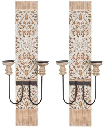 FAcoLL Wandkerzenleuchter, Retro-Kerzenleuchter, geschnitzt, zur Wandmontage, Kerzenhalter-Set, Bauernhaus-Wanddekoration, 11,81 L x 5,71 B x 36,02 H