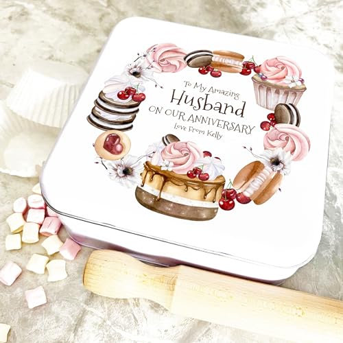 Square Cookies Macarons Berries Wreath Anniversary Personalised Cake Tin Personalised Gift | Custom Gift | Personalized Tin | Cake, Biscuit & Treat Tins | Gift For Her | Gift For Him