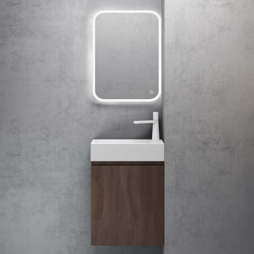 doporro Badmöbel Unterschrank 46 cm Eiche Stirling Waschbecken LED-Spiegel | Wandhängendes Badmöbel-Set mit Mineralguss-Waschbecken, LED-Spiegel – platzsparend & pflegeleicht für Gäste-WC Pisa 02