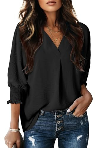 Dokotoo Women Blouses Dressy Casual Summer Tops for Women 2026 V Neck Collared Shirts 3/4 Sleeve Flowy Boho Top Business Work Blouses Womens Clothing Trendy Clothes Black Tops for Women XL