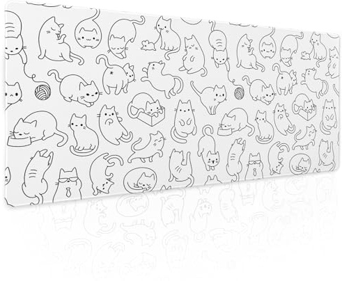 White Cute Cat Gaming Mouse Pad XL Kawaii Kittens Anime Aesthetic Extended Big Large Desk Mat Non-Slip Rubber Base Stitched Edge Long Keyboard Mousepad for PC Computer Laptop,31.5×11.8 in