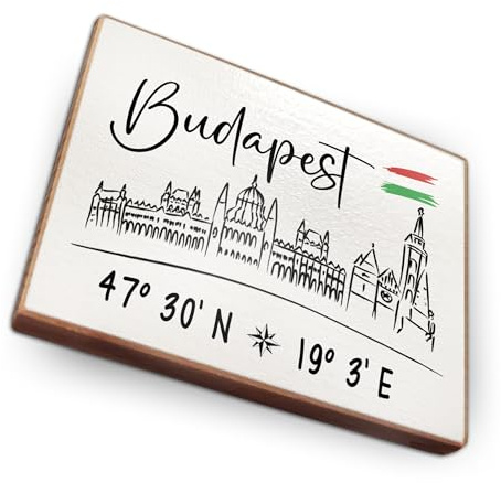 Kühlschrankmagnet mit Städte mit Koordinaten Souvenir Mitbringsel - Handmade aus Buchenholz - 6.5cm x 5cm - Geschenk-Idee (Budapest)