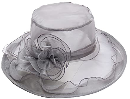 DELIMALI Damenhut für Party, Hochzeit, Kirche, Derby, Organza, Sonnenblende, Fascinator, breite Krempe, Fischerhut, A-grau, Einheitsgröße