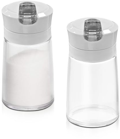 Sekonow 2Pcs Glass Sugar Dispenser with Auto Flip Pour Spout, Weighted Pourer Sugar Container, 8.5oz Sugar Bowl Shaker Jar Salt Dish Holder Coffee Bar Accessories, Grey