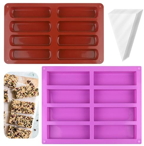 8 Riegel Silikonform Zum Backen, 2 Stück Müsliriegel Backform Rechteckig, Rechteckige Energieriegel Silikon Backform mit 50 Spritzbeuteln für Schokolade Trüffel Ganache Brotbrot Muffin Brownie