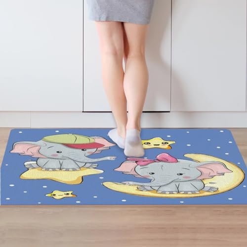 Elefant Mond Sterne Küchenmatten für den Boden, rutschfest, saugfähig, Küchenläufer, Teppich, waschbar, für den Innenbereich, für den Innenbereich, vor dem Waschbecken, Badezimmer, Eingangsbereich,