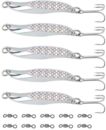 SG Store Lot de 5 leurres de pêche en métal argenté de 65 mm avec 10 émerillons pour bar, maquereau, truite, poisson bleu, brochet, saumon, 21 g
