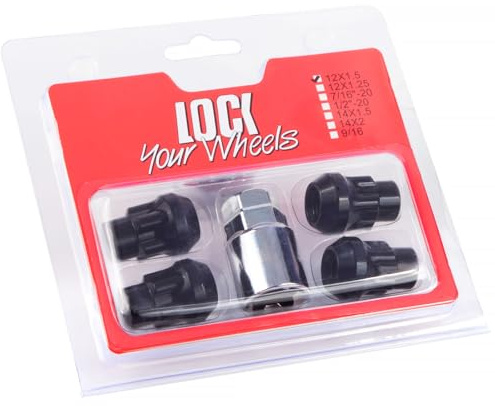 GAsupply 4+1 M12 x 1,5 Feststellradmuttern mit Feststellschlüssel, kompatibel mit den meisten F-ord Focus Fiesta Nissan Mazda Mitsubishi Toyota, 60° Kegelsitzmuttern (Schwarz)