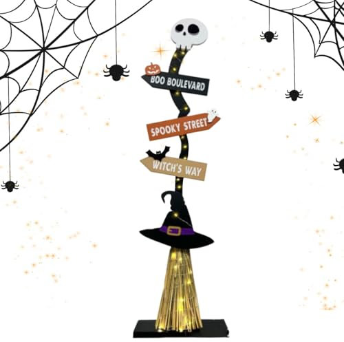Escoba de bruja malvada, escoba de bruja de Halloween, letrero de porche de escoba de bruja, escoba de bruja de madera iluminada para esquina, pasillo o chimenea y decoraciones
