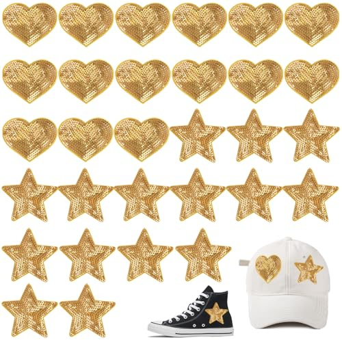 30 Stück Aufnäher zum Aufbügeln für Kleidung, AIFUDA Pailletten, goldene Stern-Aufnäher und Herz-Flicken, Strass-Applikation, Glitzerstern, zum Aufbügeln für Hüte, Kleidung, Taschen, Jeans,