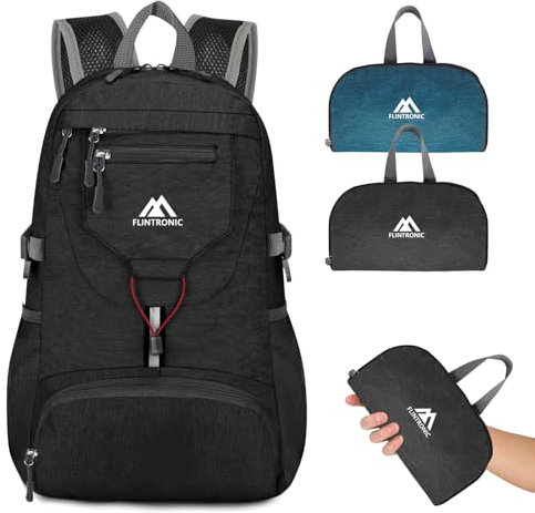 flintronic Leicht Wanderrucksack Klein, 20L Faltbarer Rucksack Ultra Leicht, Unisex Tagesrucksack Outdoor, Wasserdichter Wanderrucksack für Camping, Outdoor, Wandern, Radfahren (Schwarz)