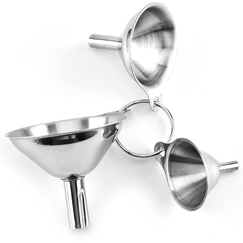 3 embudos de cocina de acero inoxidable con 1 cepillo de limpieza y mango, pequeño embudo apilable para la transferencia de líquidos, 4,5/5,5/7,5 cm con 3 ganchos