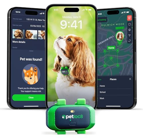 PETLOC8 Collar localizador GPS para perros con alertas inteligentes y valla geo-local - Dispositivo localizador de posición en tiempo real con aplicación, SIM incorporada, resistente al agua y ligero