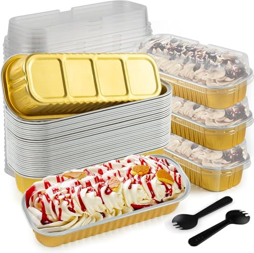 CZFLXLJ 60 mini moldes para pan con tapas y cucharas, moldes para hornear de papel de aluminio, mini moldes rectangulares para pasteles, tazas para hornear brownie para fiestas de picnic (dorado)