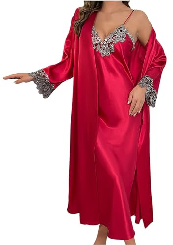 Klijuiaup Ensemble de pyjama 2 pièces en satin de soie florale pour femme - Manches longues - Kimono - Bretelles spaghetti - Chemise de nuit décontractée pour la maison, Rouge, L