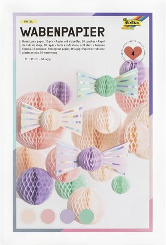 folia 461-19 - Carta a nido d'ape PASTEL, 21 x 33 cm, carta artigianale con struttura a nido d'ape in 4 colori, 30 veli, per creare decorazioni colorate a nido d'ape