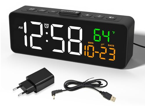 Sveglia digitale piccola, sveglia da comodino con indicatore di temperatura, data, 4 luminosità, 3 volumi, snooze, 12/24 ore, sveglia forte per soggiorno, camera da letto