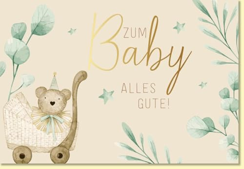 Gutsch Verlag Glückwunschkarte zur Geburt mit Bär im Kinderwagen und botanischen Motiven zarte Farben Babykarte für Jungen und Mädchen - mit Umschlag