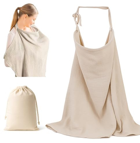 kelav Copertura allattamento traspirante e regolabile, 75x95 cm, Copertura per Allattamento al Seno Multifunzione in Tulle di Cotone, per Passeggino, Culla e Seggiolino Auto, con Custodia (Cachi)