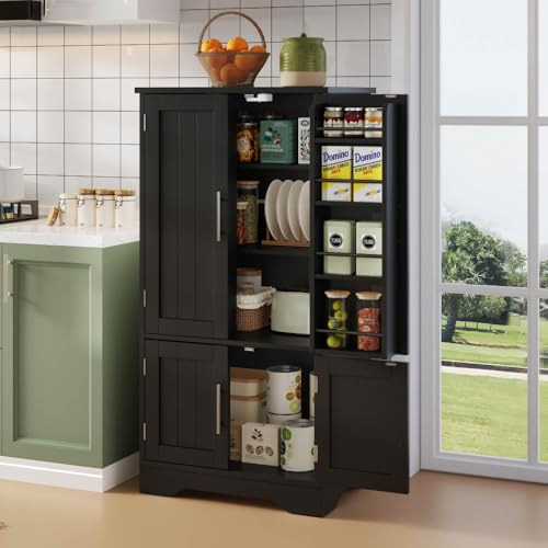 Vepssder credenza da cucina,mobile cucina con LED, mobiletto cucina con ampio 4 ante,madia cucina con ripiani regolabili e ripiani sulle ante,per casa e cucina,soggiorno ecc,120x60x40 cm,Nero