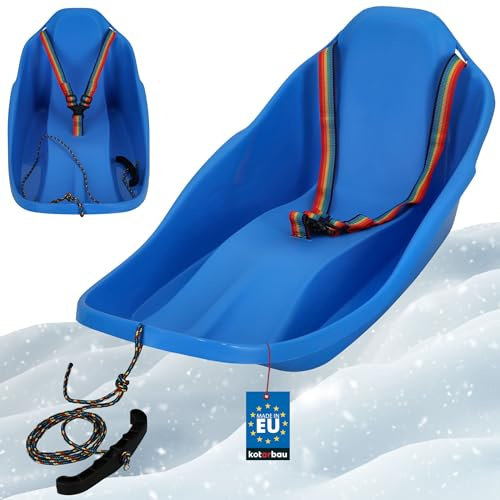 KOTARBAU® Bob Schlitten mit Lehne - 72 x 37 x 32 cm - Kinderbob - Kunststoff Schlitten für Kinder - mit Rückenlehne - Schneeschlitten - Kinderschlitten mit Sicherheitsgurt & Zugseil - Blau