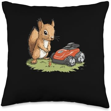 Squirrel Watching a Robotic Lawn Mower Throw Pillow