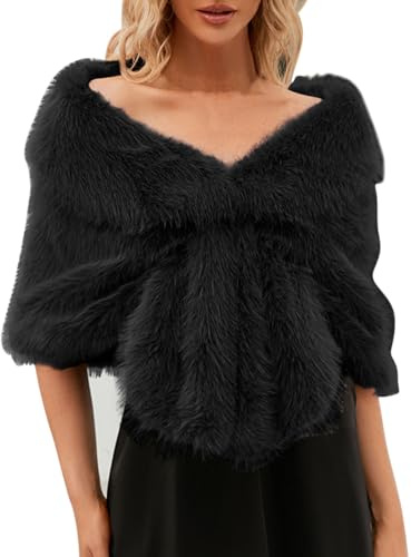 2026 Elegante estola de felpa sintética para mujer como bufanda envolvente para ocasiones festivas Moda nupcial para una calidez elegante, Negro , talla única