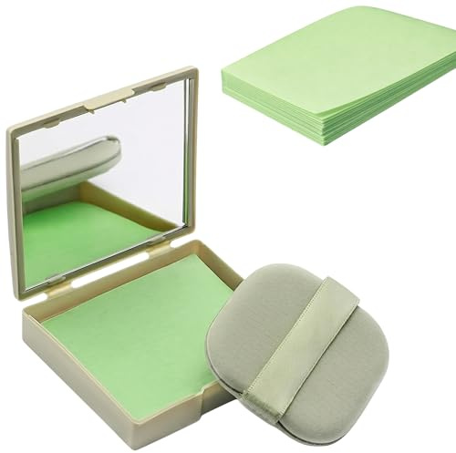 100-Sheet Oil Blotting Paper Set for Face - Portable Compact with Mirror and Puff Applicator - Facial Oil Absorbing Sheets for Makeup Touch-Ups and Shine Control