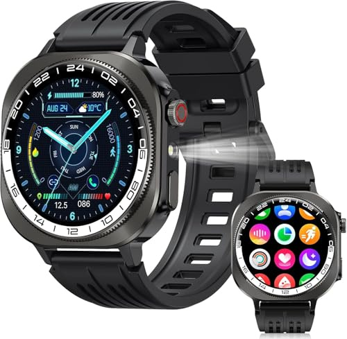 Military Smart Watch for Men, 2026 NEW 1.43 HD AMOLED Outdoor Fitness Watch with Flashlight/660mAh, Heart Rate/Sleep Monitor/SpO2/Pedometer/130+ Sports/IP68/300+ Watch Face Smartwatch Android iOS