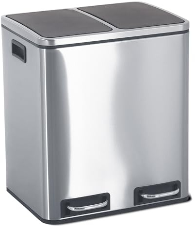 Raburg, Mülleimer, 2 x 15 L, rechteckiger Treteimer, Abfalleimer Küche, mit 2 Deckel und Pedalen, 2 x getrennte Inneneimer, hygienisch, langsam schließend, Charly, Edelstahl satiniert