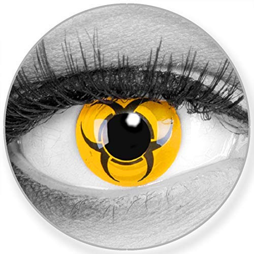 Funnylens Farbige Kontaktlinsen Biohazard gelb - weich ohne Stärke 2er Pack + gratis Behälter – 12 Monatslinsen - perfekt zu Halloween Karneval Fasching oder Fasnacht