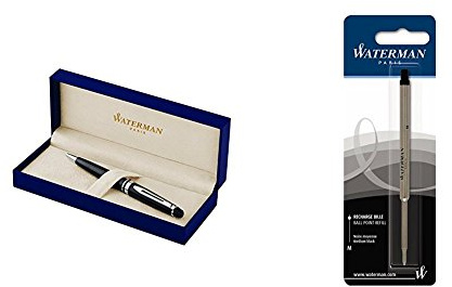 Waterman S0951800 Expert-Kugelschreiber (Strichstärke M, lackschwarz mit Palladiumzierteilen, blaue Tinte) + Waterman S0944480 Kugelschreibermine (M) Tinte in schwarz