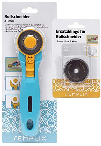 SEMPLIX Rollschneider + Ersatzklinge im Set Ø 45 mm – Stoffschneider mit integriertem Klingenschutz (blau)