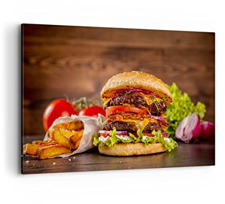 ARTTOR Bilder auf Leinwand 120x80cm Wandbild Küche - 3795 | Hamburger Sandwich Groß XXL Wanddekoration Wohnzimmer Schlafzimmer Küche Wanddeko Wand Kunstdruck Wandkunst Wall Decor ARTTOR