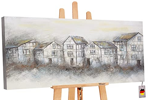 YS-Art Abstrakt Acryl Gemälde auf Leinwand Ruhige Straße Architektur Fachwerkhaus handgemalt Wandbilder Wohnzimmer modern Wohndekor Bilder Büro echte Kunst 140x70 cm