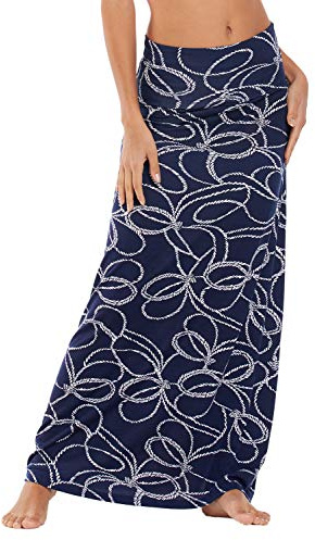 EXCHIC Femmes Elastique Taille Haute Maxi Jupe Boho Flared A-Line Longues Yoga Jupes
