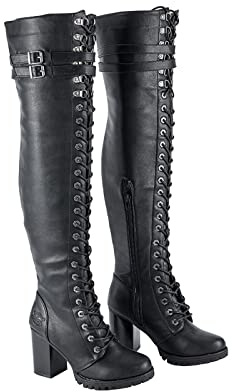 GARGOYLE BELLS Ladies Knee High Laced Boots, Sexy Over the knee boots for Women. Black Motorcycle Leather Boots with Calf Buckle, Black, 6 UK