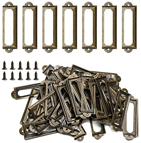 Qjaiune Etikettenhalter aus Metall für Bibliothek, Aktenschrank, Etikettenrahmen mit Schrauben, Kartenanhänger, Etikettenhalter für Büro, Schubladen, Regale (Antik-Bronze, 60 x 17 mm), 50 Stück