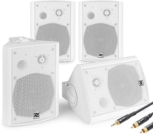 Power Dynamics DS65MW Active Bluetooth Wall Speakers Set – 4 White On Wall Speakers, Class-D Amplifier, USB, RCA and Microphone Inputs, Home Audio Installation Kit
