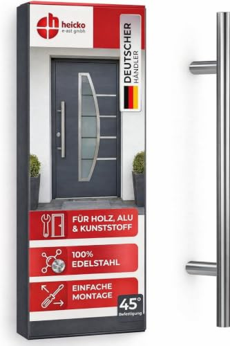 h heicko Edelstahl Stoßgriff Vanessa, 45° Stützen, matt gebürstet, 1600 mm | – Türgriff für Haus- & Schiebetüren, inkl. Montagematerial, Stichmaß 1200 mm