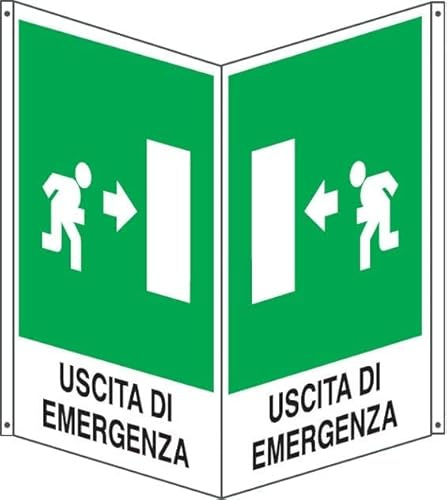 NEW CARTELLO SEGNALETICO BIFACCIALE - uscita di emergenza a destra Con Scritta - In Alluminio Con Stampa Diretta U.V. (IDEALE ANCHE PER ESTERNO) (20X31 CM)