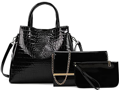 Poopy Borsa da donna lucida borsa a tracolla modello coccodrillo borsa a tracolla borsa in pelle verniciata con manico superiore borsa a tracolla, Nero , Taglia unica
