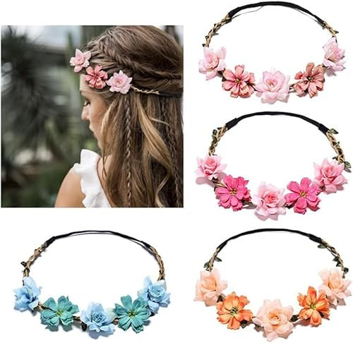 YIFLorine TANG 4-Pack Blumenkranz Haarbänder Elegante Blumenkronen für Hochzeiten, Festivals, Partys und Strände Wiederverwendbar Einstellbar für Frauen Mädchen Head flower garland
