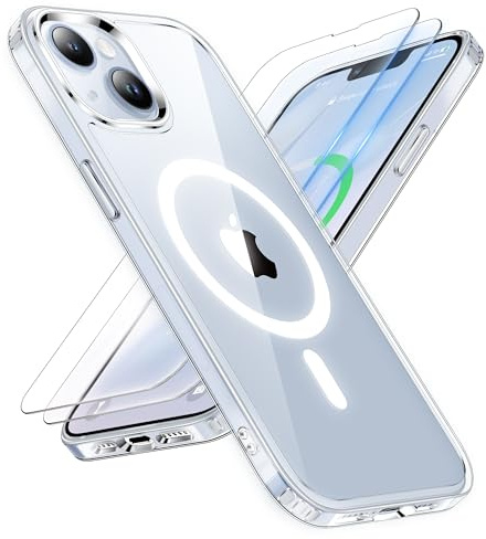 ORETECH für iPhone 13/14 Hülle 6,1 Zoll mit 2 Schutzfolie, Kompatibel mit Mag-Safe, Stoßfest Kratzfeste Transparent Magnetisch Handyhülle für iPhone 14/13,Durchsichtig