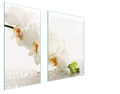 DarHaus Herdabdeckplatten 2 Teilig 75x52 cm Ceranfeldabdeckung Küche Elektroherd Induktion Herdschutz Spritzschutz Glasplatte Schneidebrett, Orchidee Weiß