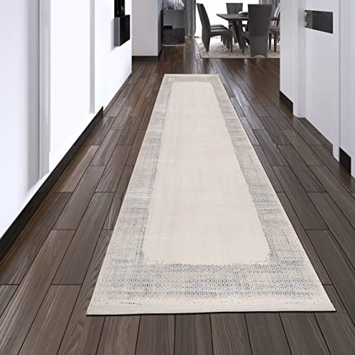 Teppich-Traum Designer Teppich Abstrakt Blau Weiß Glanzeffekt 80x300 cm | Pflegeleicht, strapazierfähig, allergikerfreundlich, mit kurzen Fransen, für Fußbodenheizung und Saugroboter geeignet