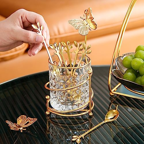 INPROPEXT 6PCS Coffee Spoons Set with Glass Holder,Small Stainless Steel Gold Tea Spoon,Mini Dessert Spoons Set for Fruit,Stirring, Mixing, Sugar, Ice Cream, Cake (6 x Spoons)