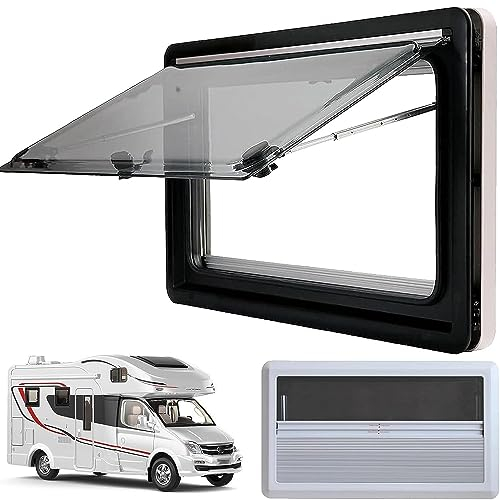 DEHIWI Ausstellfenster Seitenfenster Wohnmobilfenster Acryl-Doppelglas Camper Wohnwagen Schiebefenster RV Externes Push Fenster,70° Öffnungswinkel inkl. Fliegengitter & Verdunklung,1000mm*600mm